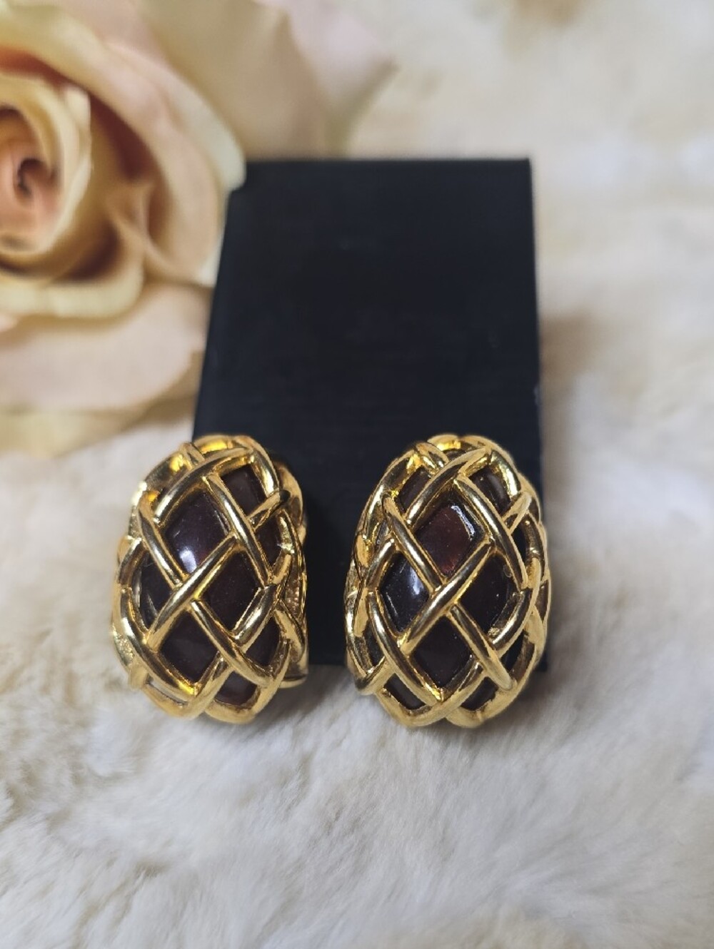 Vintage Kenneth Jay Lane KJL Cage Brown Cabochon Clip On Earrings